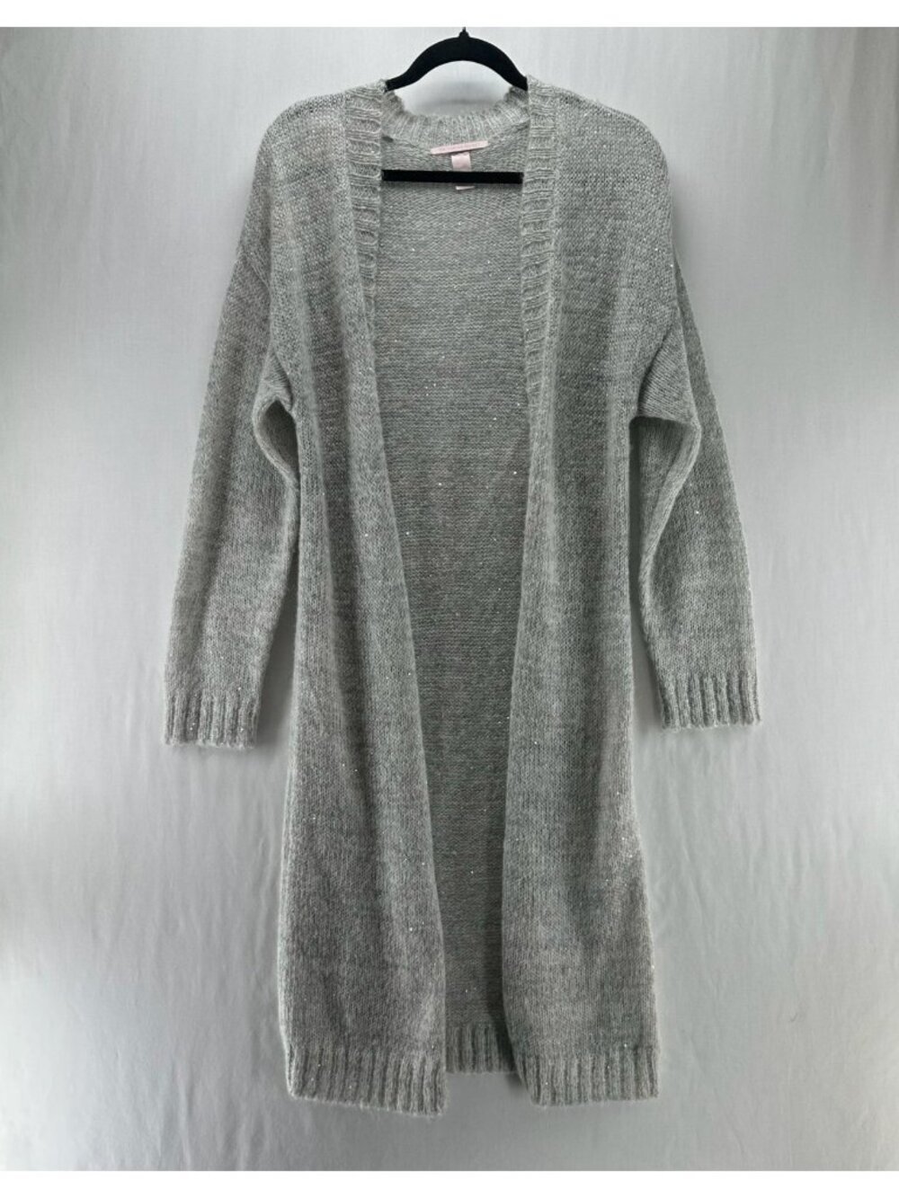 Victorias Secret Shimmer Sequin Duster Cardigan Size L Knit Open Front Long Gray